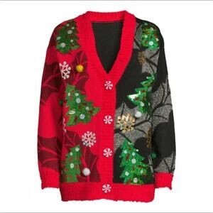 Holiday Time Womens M 8-10 Ugly Christmas Sweater Cardigan Holiday Sequins Poms